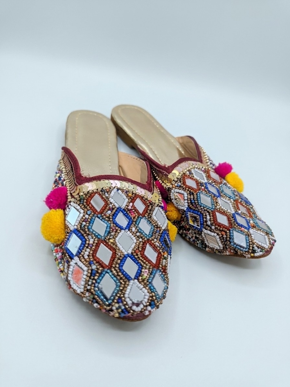 Boho Beaded Mirror Embellished Pom Pom Mule Flats Shoes Size 6
